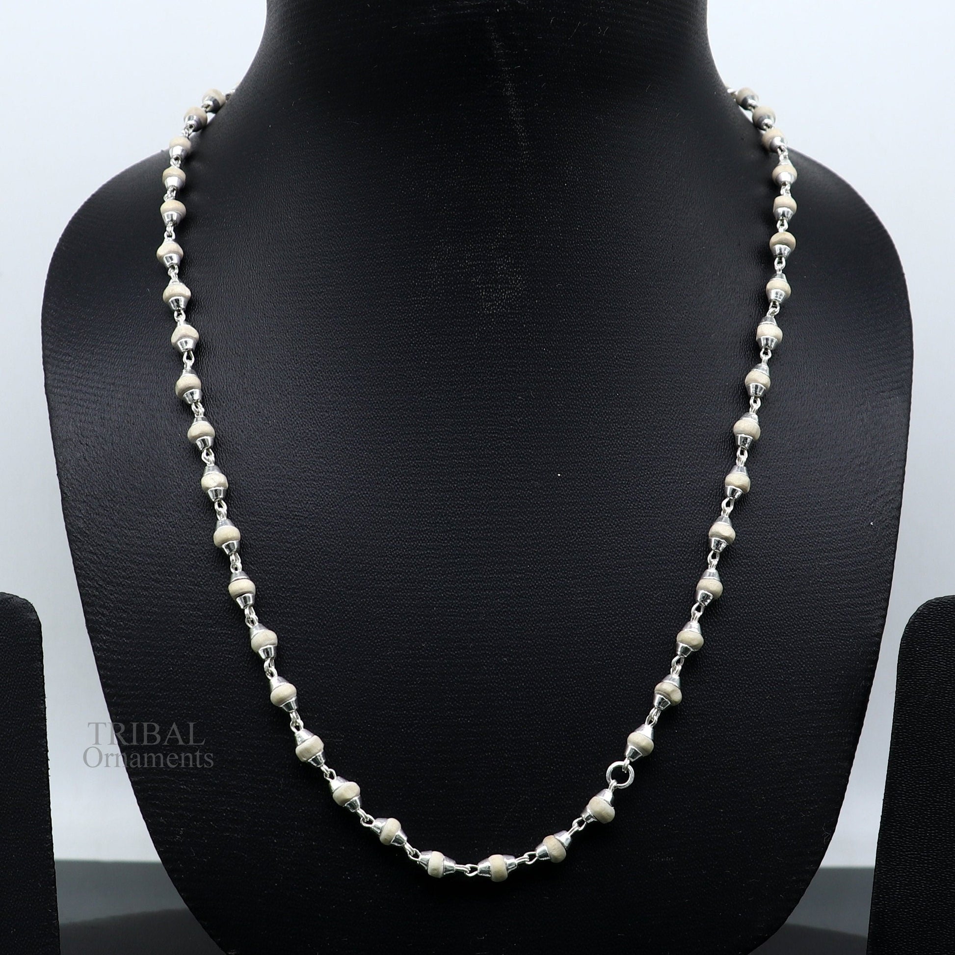 23" 4.5mm Sterling silver handmade Solid basil rosary plant wooden beads silver chain necklace tulsi mala use in Ayurveda meditation ch142 - TRIBAL ORNAMENTS