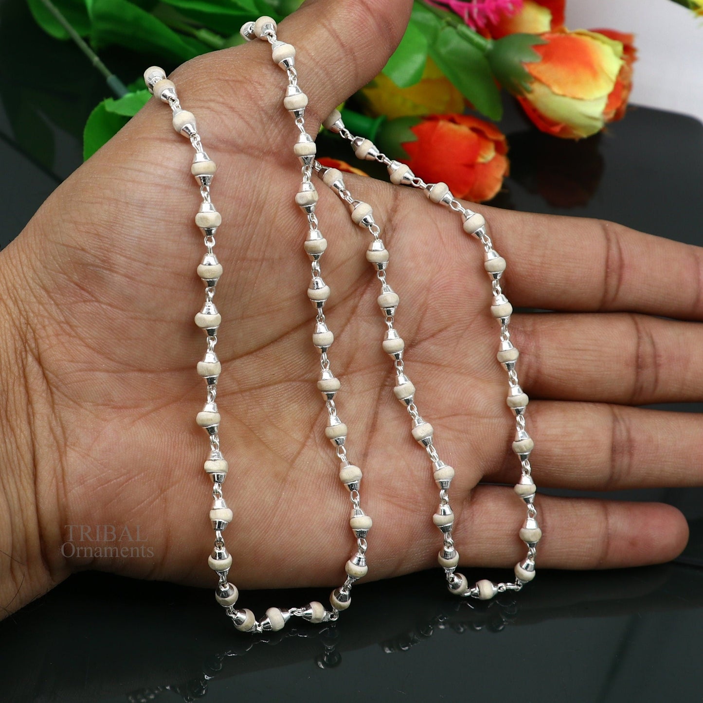 23" 4.5mm Sterling silver handmade Solid basil rosary plant wooden beads silver chain necklace tulsi mala use in Ayurveda meditation ch142 - TRIBAL ORNAMENTS