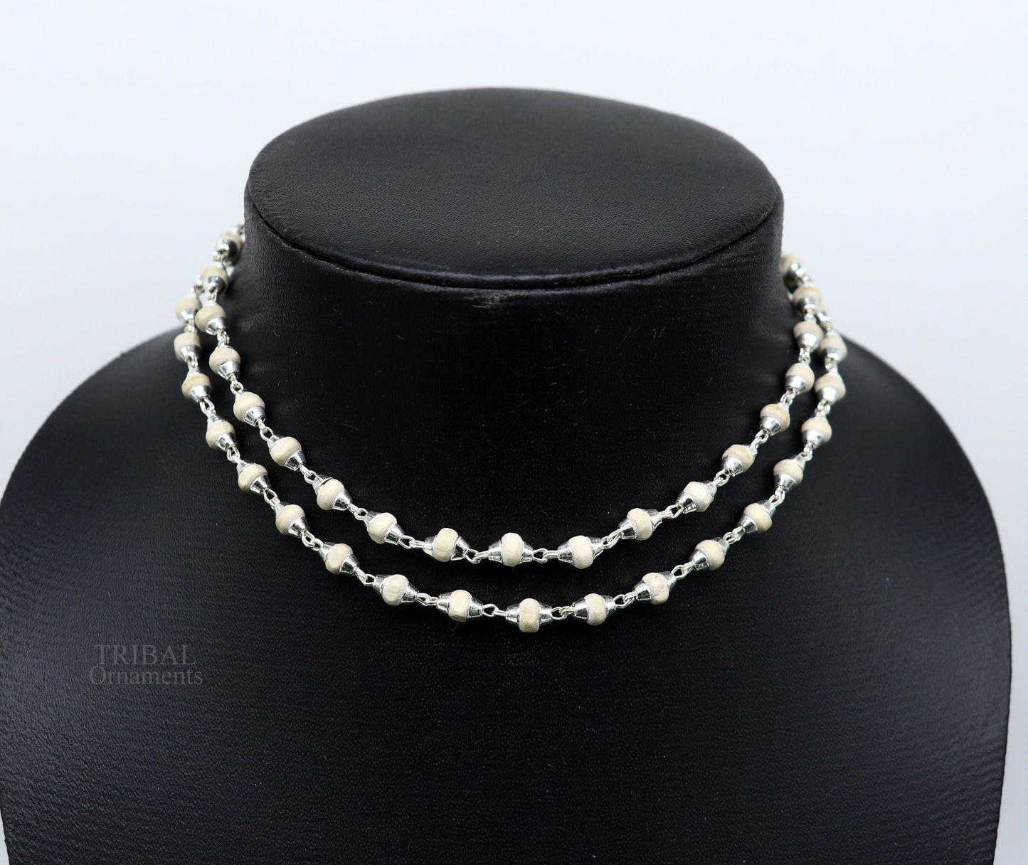 23" 4.5mm Sterling silver handmade Solid basil rosary plant wooden beads silver chain necklace tulsi mala use in Ayurveda meditation ch142 - TRIBAL ORNAMENTS