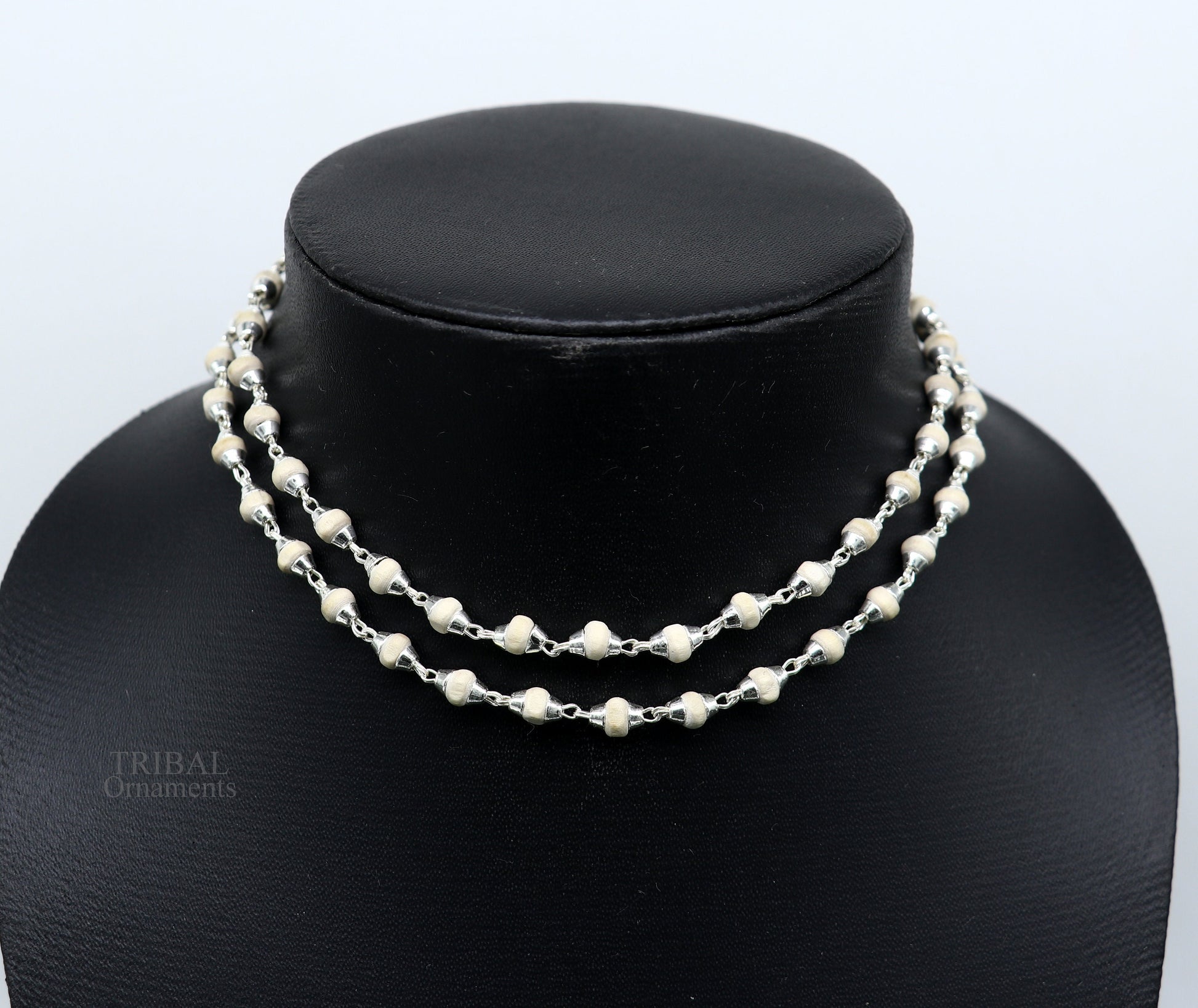 23" 4.5mm Sterling silver handmade Solid basil rosary plant wooden beads silver chain necklace tulsi mala use in Ayurveda meditation ch142 - TRIBAL ORNAMENTS