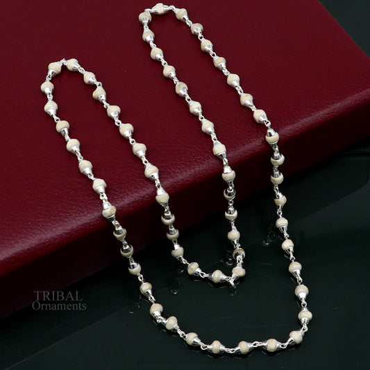 23" 4.5mm Sterling silver handmade Solid basil rosary plant wooden beads silver chain necklace tulsi mala use in Ayurveda meditation ch142 - TRIBAL ORNAMENTS