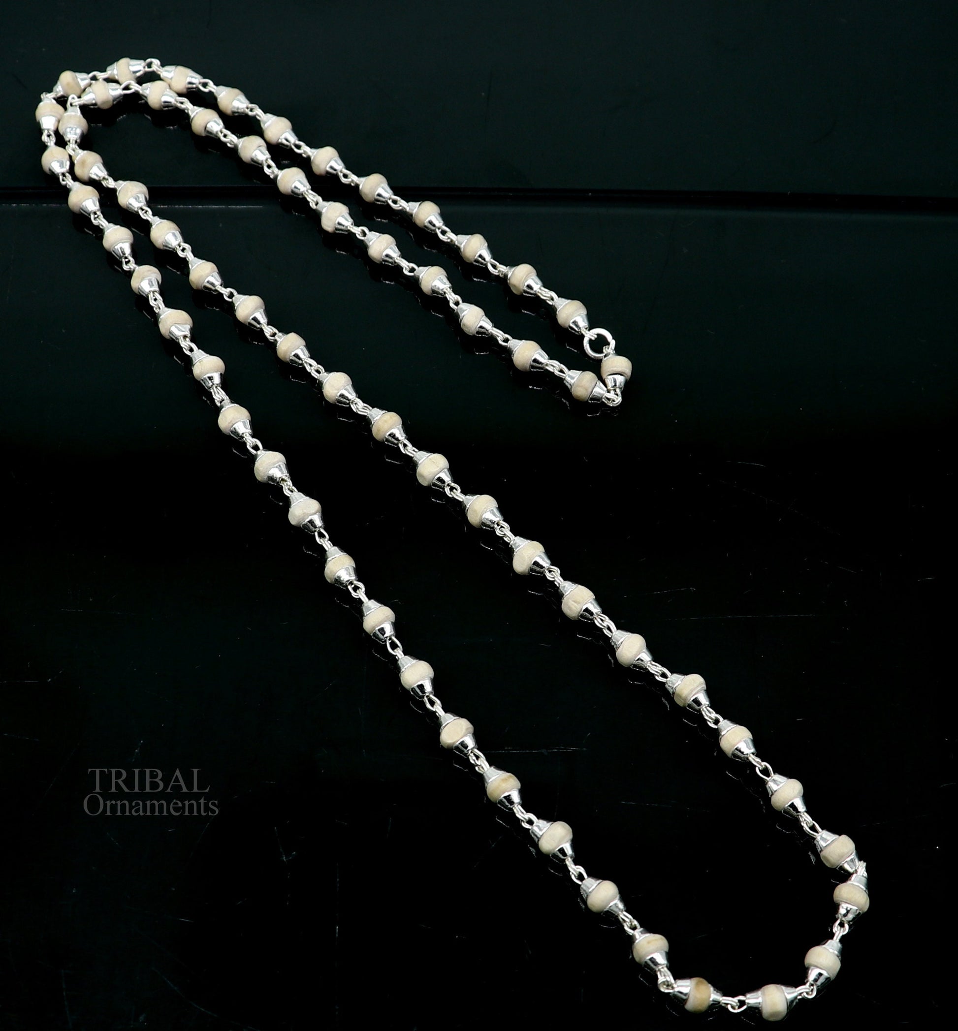 23" 4.5mm Sterling silver handmade Solid basil rosary plant wooden beads silver chain necklace tulsi mala use in Ayurveda meditation ch142 - TRIBAL ORNAMENTS