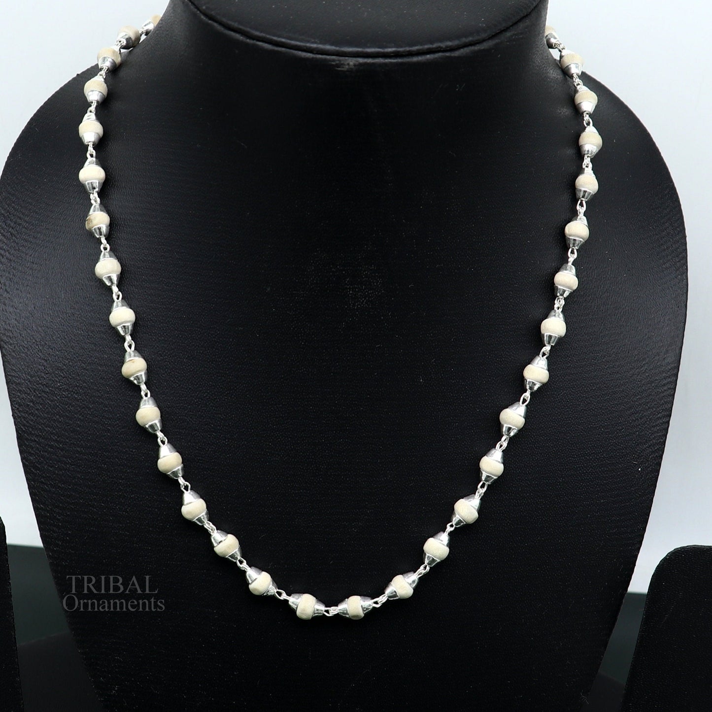 23" 5.5mm Sterling silver handmade Solid basil rosary plant wooden beads silver chain necklace tulsi mala use in Ayurveda meditation ch143 - TRIBAL ORNAMENTS