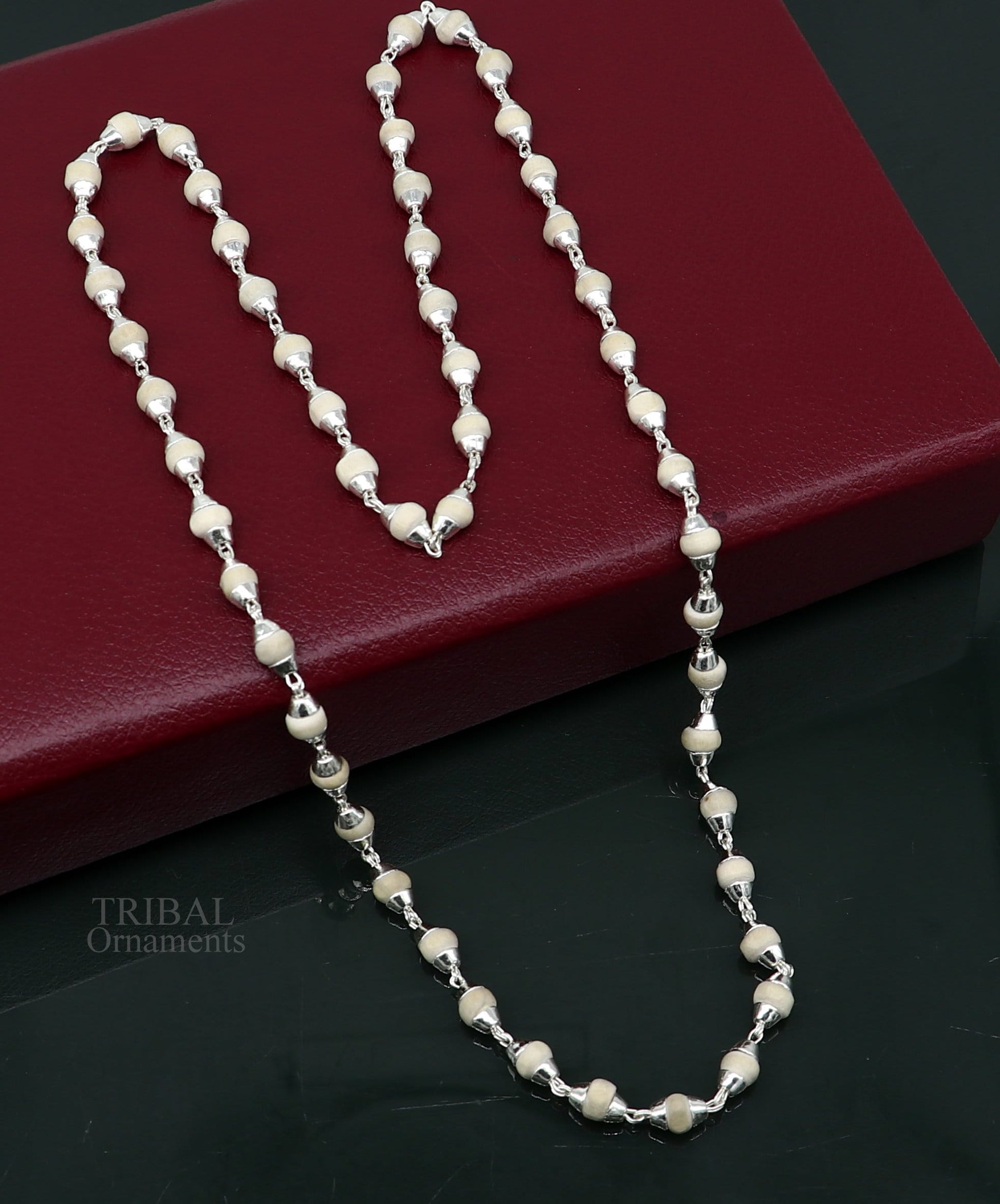 23" 5.5mm Sterling silver handmade Solid basil rosary plant wooden beads silver chain necklace tulsi mala use in Ayurveda meditation ch143 - TRIBAL ORNAMENTS