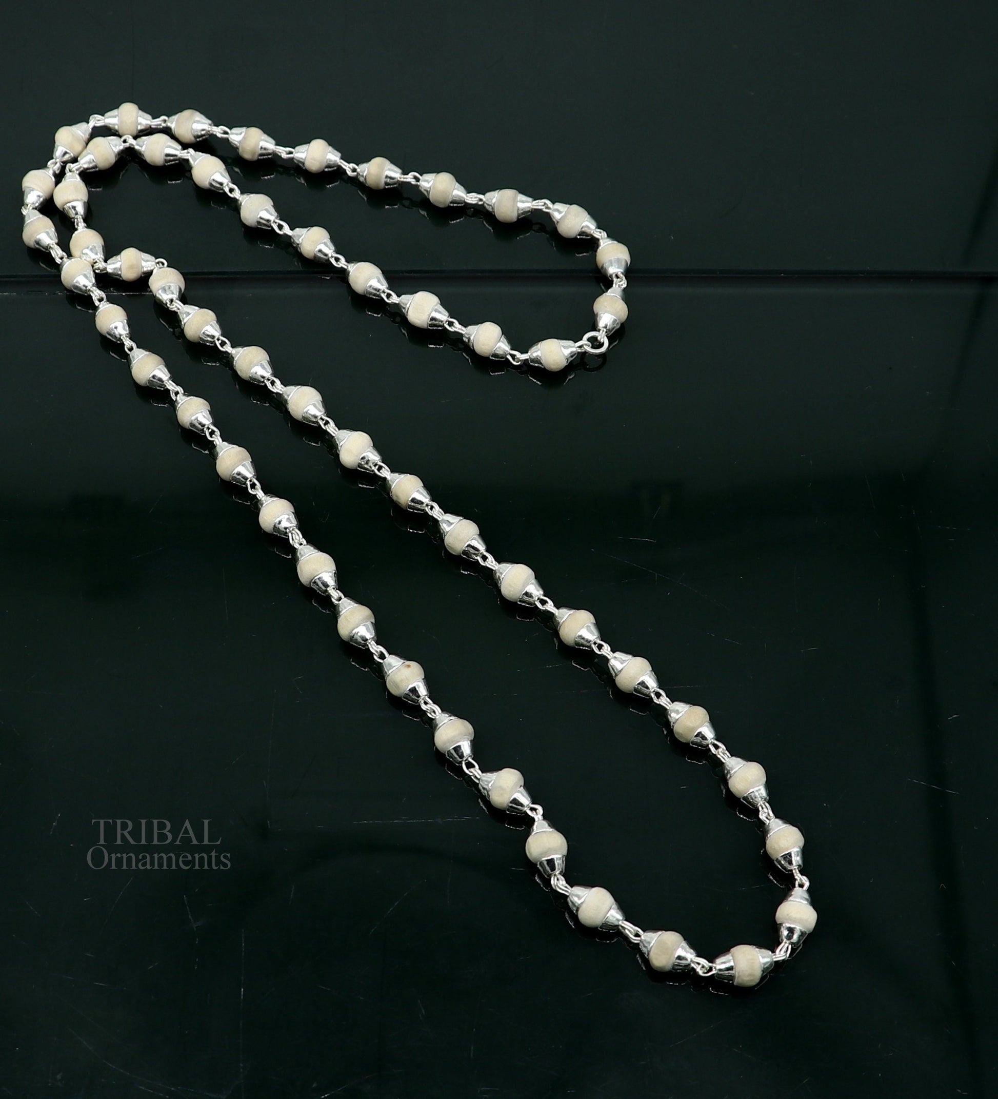23" 5.5mm Sterling silver handmade Solid basil rosary plant wooden beads silver chain necklace tulsi mala use in Ayurveda meditation ch143 - TRIBAL ORNAMENTS