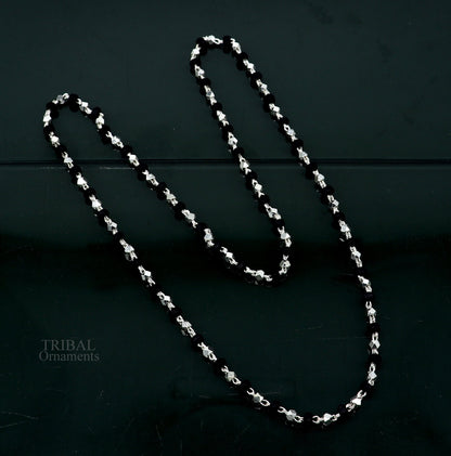Sterling silver 24-inch black holy basil rosary necklace with 4mm wooden beads, unisex and stylish from Tribal Ornaments.