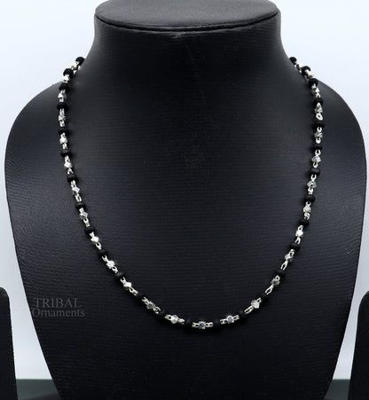 Sterling silver black holy basil rosary necklace with 4mm wooden beads, unisex stylish chain from Tribal Ornaments.