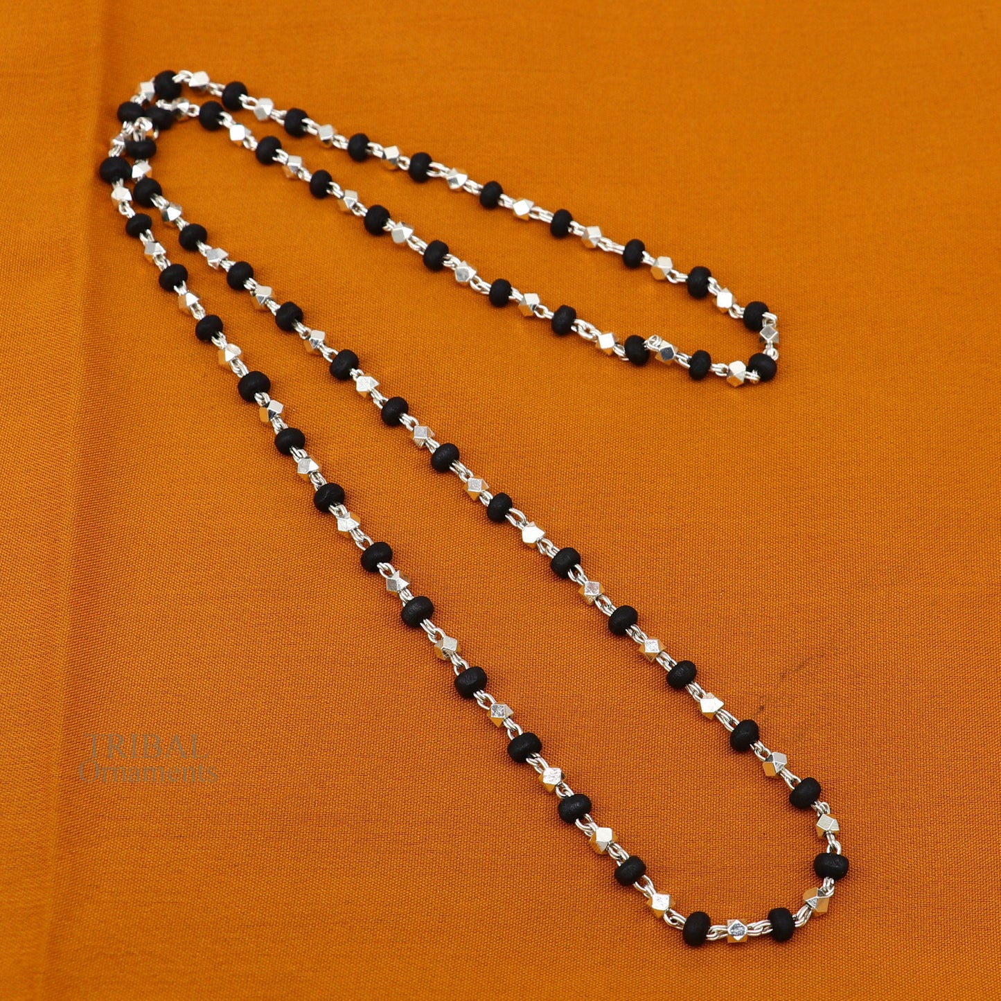 24" 925 sterling silver black holy basil rosary wooden beads 4mm solid chain necklace, excellent unisex stylish necklace from india ch144 - TRIBAL ORNAMENTS