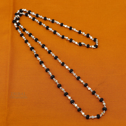 24-inch sterling silver black holy basil rosary necklace with 4mm wooden beads, unisex stylish chain from Tribal Ornaments.
