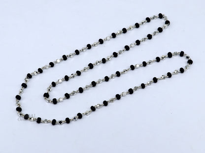 Sterling silver black holy basil rosary necklace with 4mm wooden beads and solid chain, unisex stylish jewelry from India.