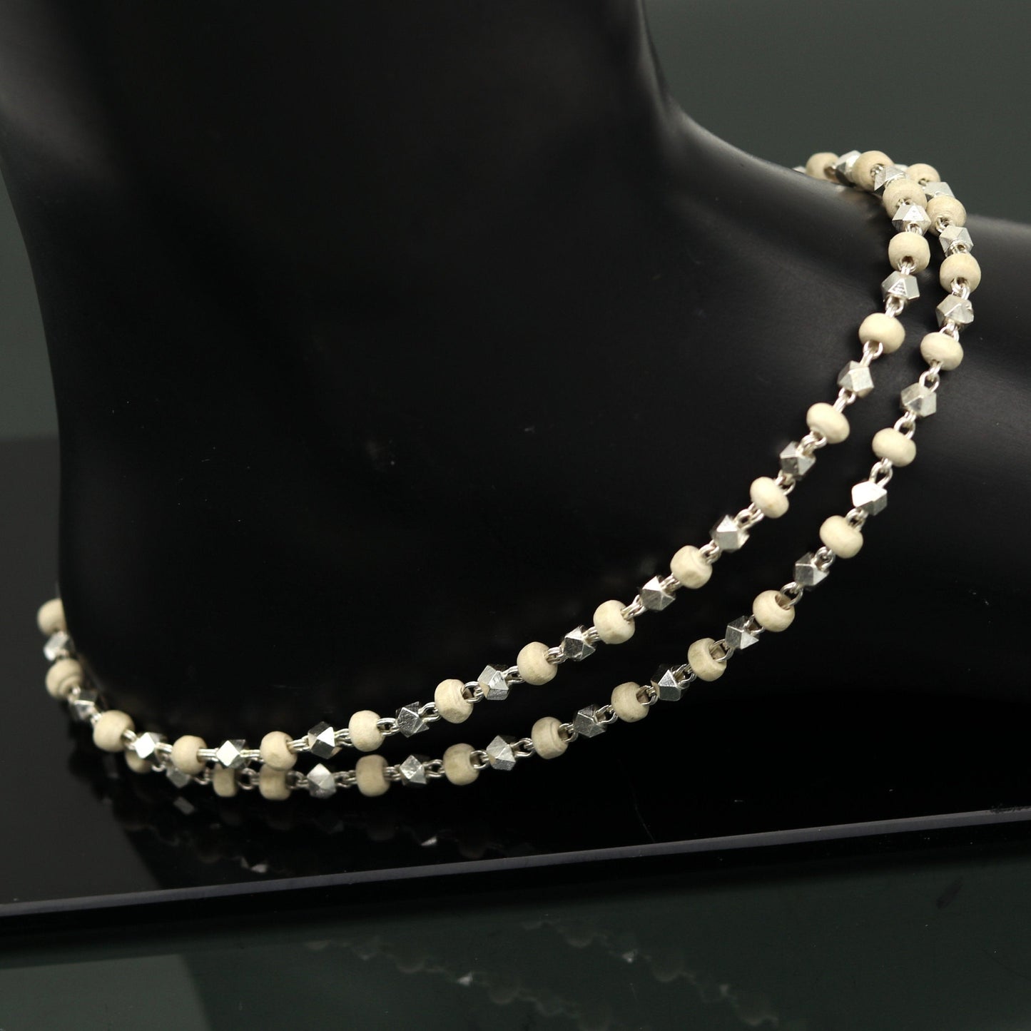 Handmade 24-inch sterling silver basil rosary beads with wooden accents on a silver chain, unisex jewelry by TRIBAL ORNAMENTS.