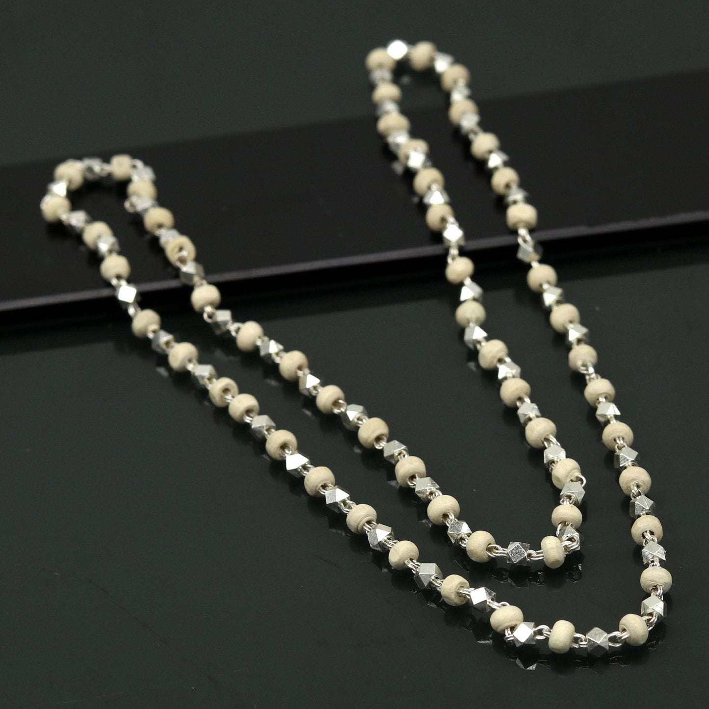 Handmade 24-inch sterling silver basil rosary beads with wooden beads on a silver chain, unisex tulsi mala necklace.