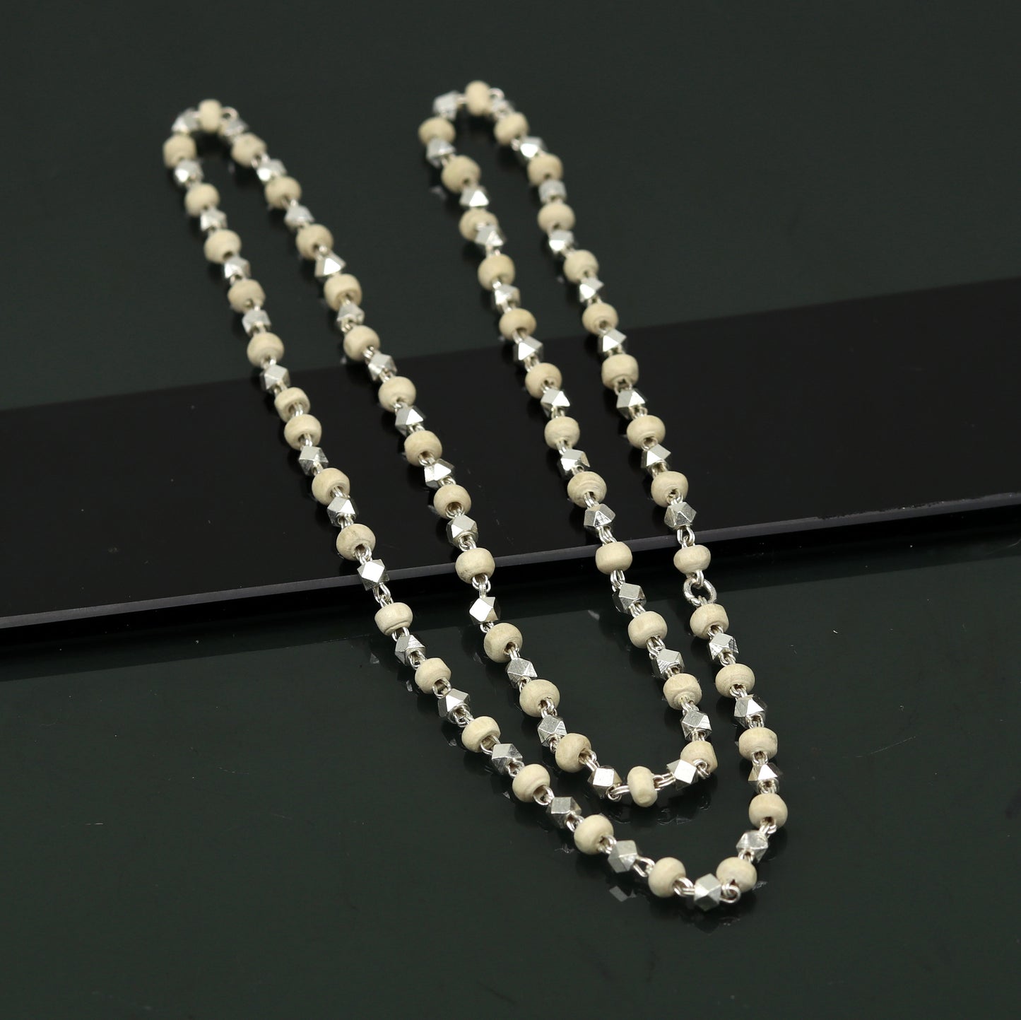 Unisex 24-inch sterling silver basil rosary beads necklace with handmade wooden beads and silver chain, tribal-inspired jewelry.