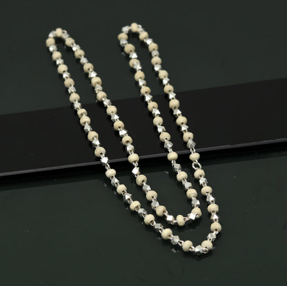 Unisex 24-inch sterling silver basil rosary beads necklace with handmade wooden beads and silver chain, tribal-inspired jewelry.