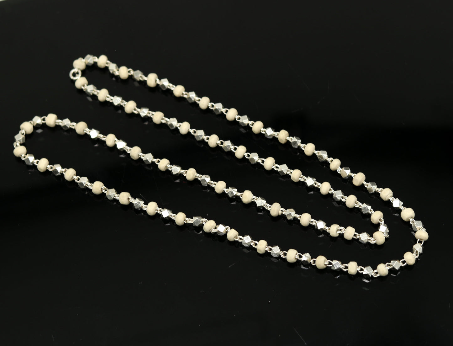 24-inch sterling silver basil rosary beads necklace with handmade wooden beads, unisex jewelry, customizable Tulsi mala by TRIBAL ORNAMENTS