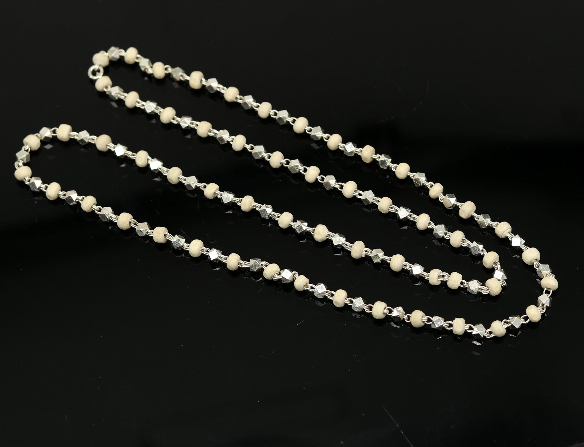 24-inch sterling silver handmade wooden basil rosary beads unisex necklace with silver chain, customized Tulsi mala jewelry by TRIBAL ORNAMENTS