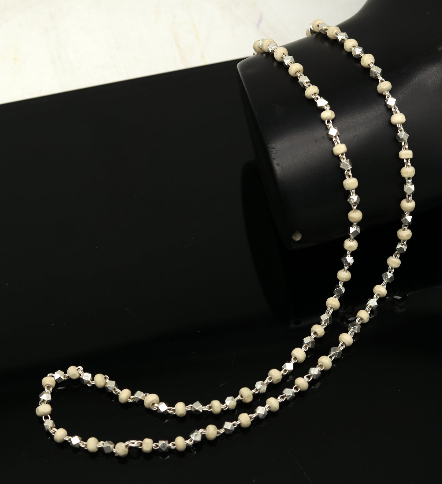 24-inch sterling silver handmade wooden basil rosary beads unisex necklace with silver chain, customizable Tulsi mala jewelry by TRIBAL ORNAMENTS.