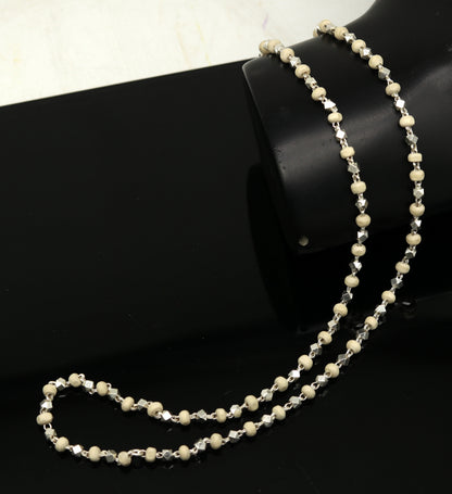 24-inch sterling silver handmade wooden basil rosary beads unisex necklace with silver chain, customizable Tulsi mala jewelry by TRIBAL ORNAMENTS.