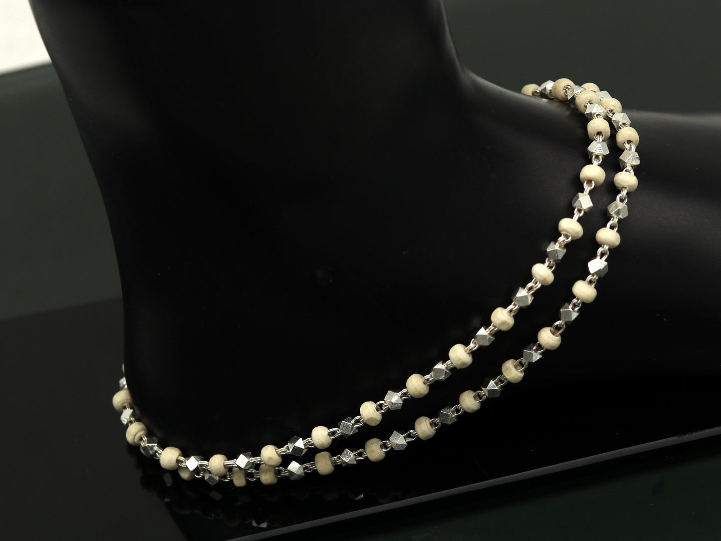 Sterling silver handmade wooden beads basil rosary necklace with silver chain, unisex Tulsi mala jewelry by Tribal Ornaments.