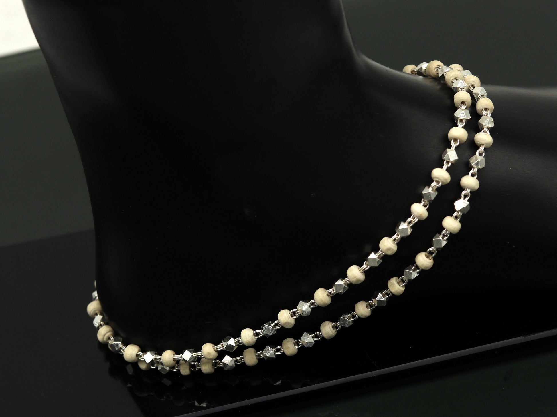 Sterling silver handmade wooden beads basil rosary necklace with silver chain, unisex Tulsi mala jewelry by Tribal Ornaments.