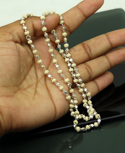 Handmade 24-inch sterling silver basil rosary beads with wooden beads on a silver chain, unisex tulsi mala necklace.