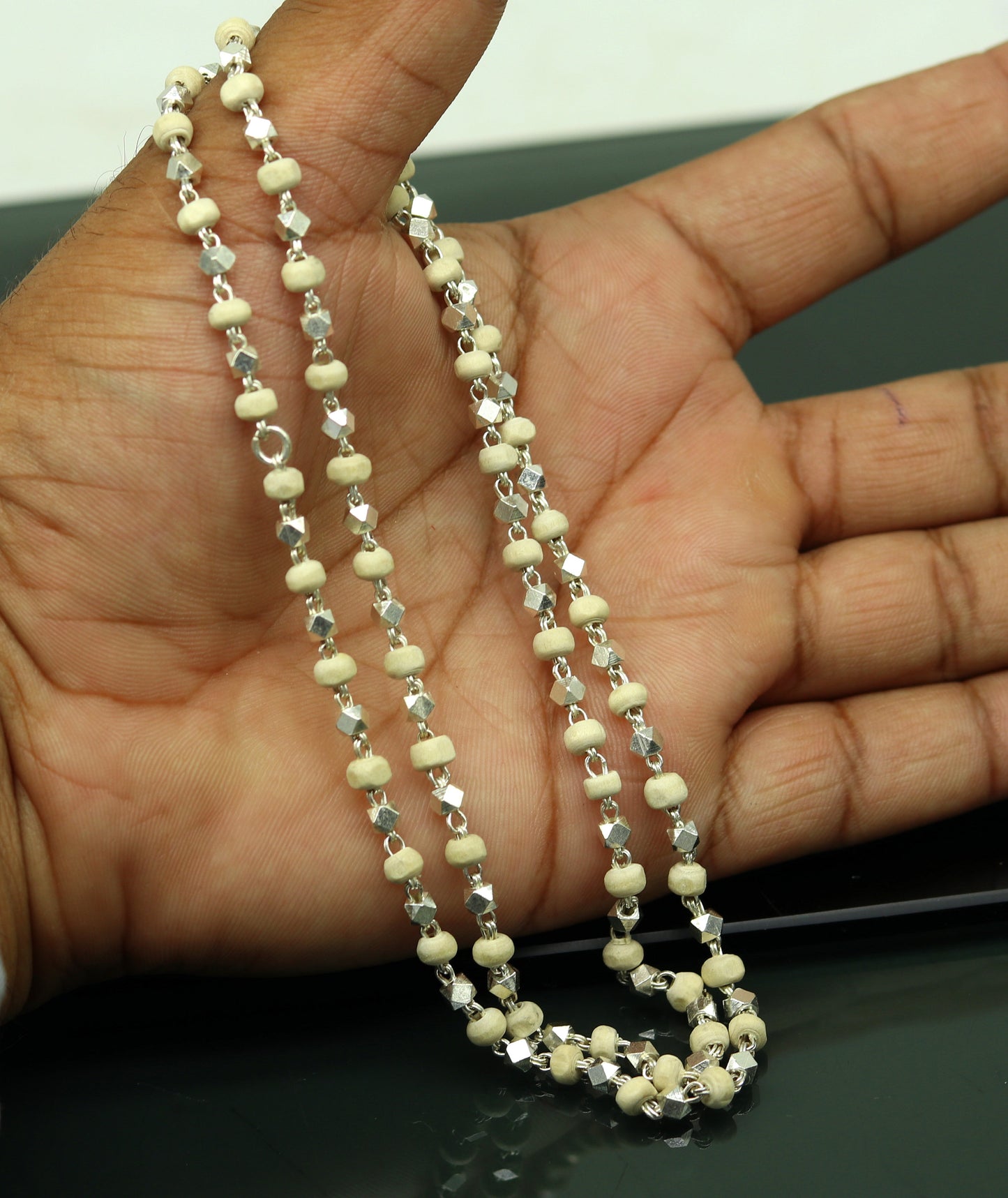 Sterling silver handmade basil rosary beads necklace with wooden beads on a silver chain, unisex jewelry, custom tulsi mala by Tribal Ornaments.