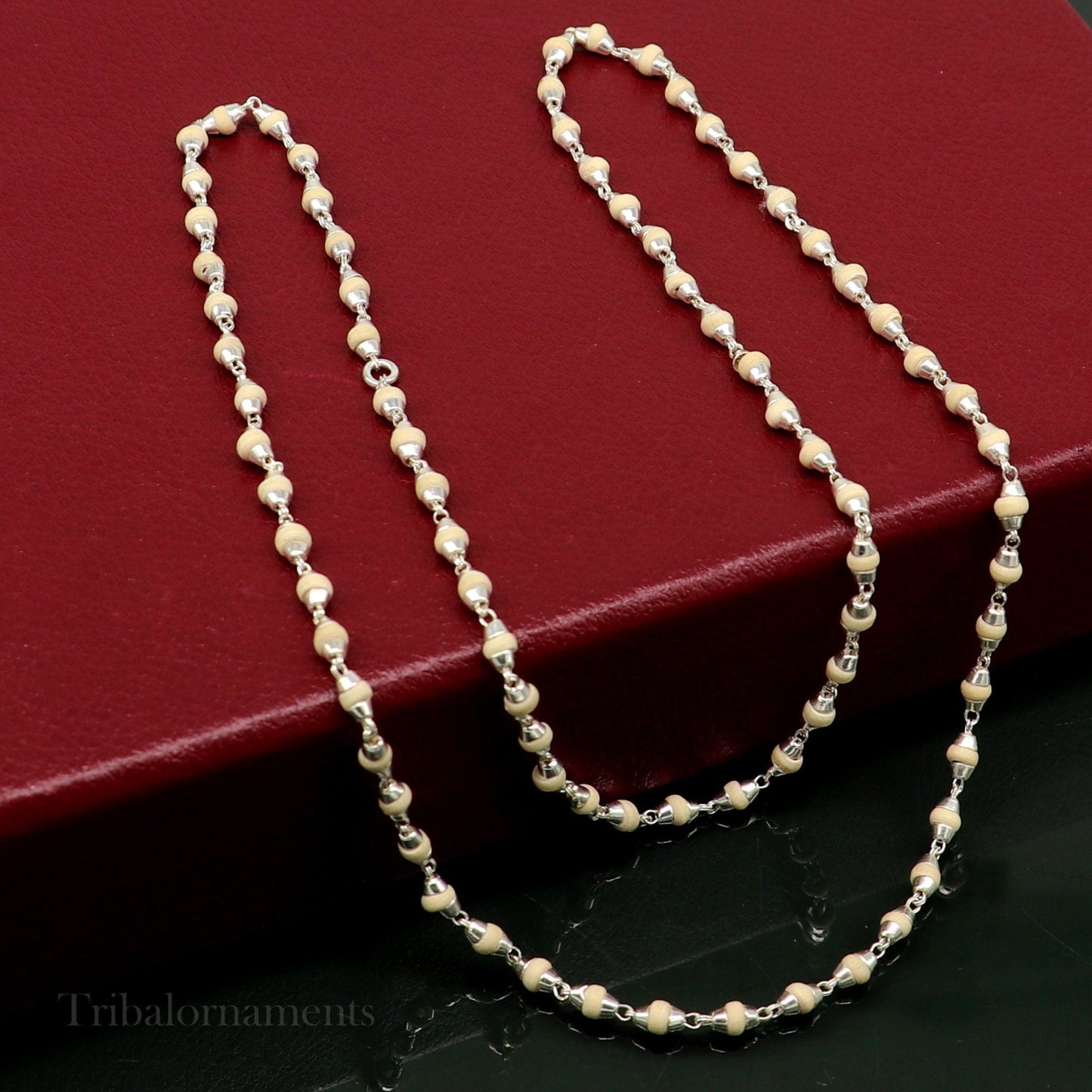 24" Sterling silver handmade wooden beads Holy basil rosary beads silver chain necklace unisex jewelry, tulsi mala customized necklace ch114 - TRIBAL ORNAMENTS