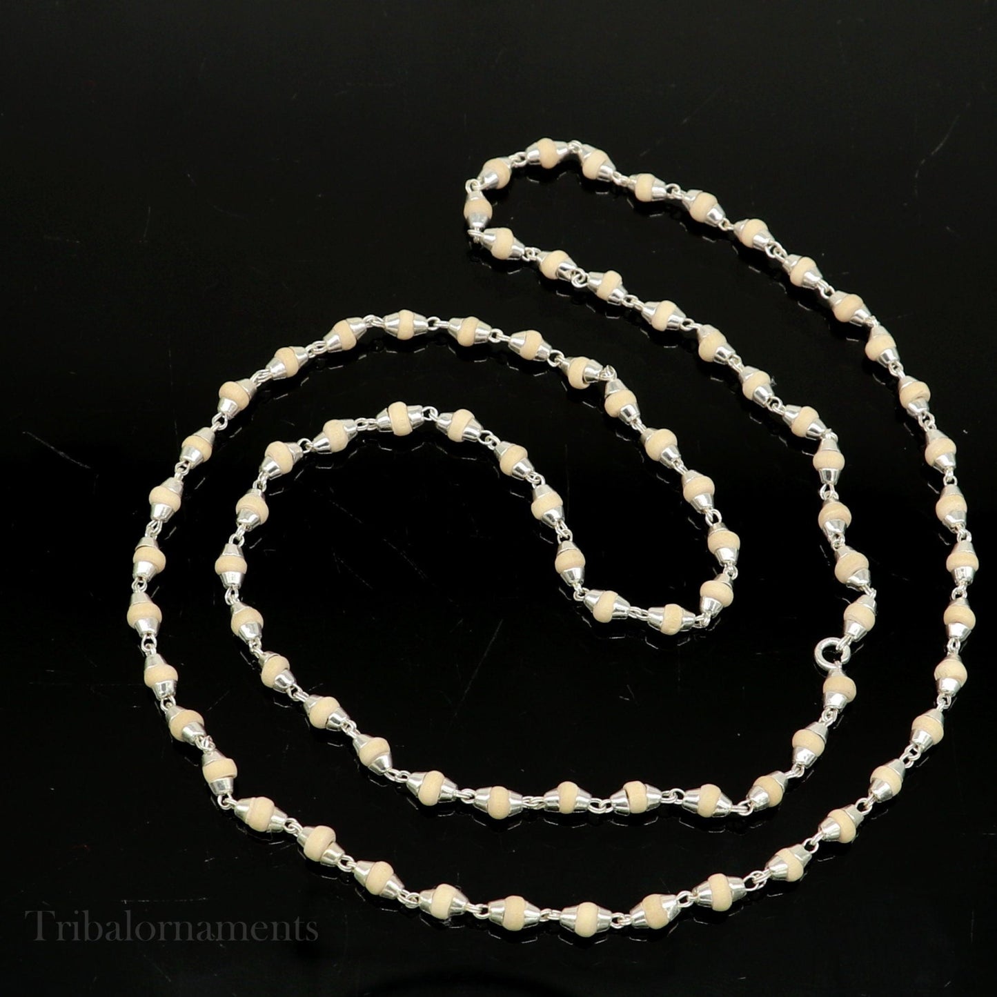 24" Sterling silver handmade wooden beads Holy basil rosary beads silver chain necklace unisex jewelry, tulsi mala customized necklace ch114 - TRIBAL ORNAMENTS