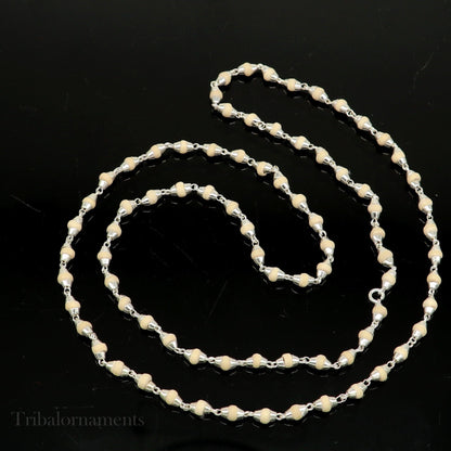 Handmade 24-inch sterling silver rosary beads with wooden tulsi mala and silver chain, unisex jewelry by TRIBAL ORNAMENTS.