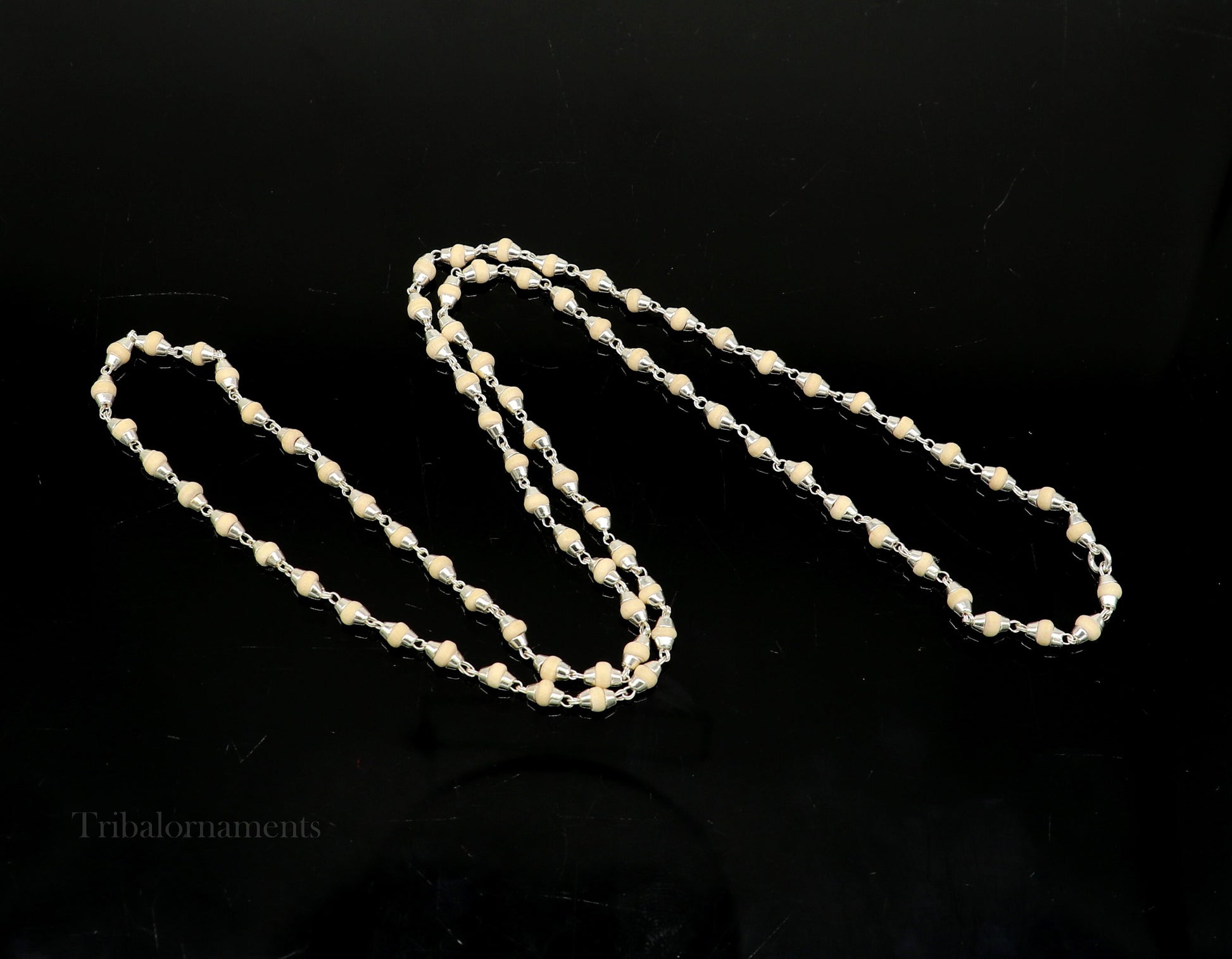 24" Sterling silver handmade wooden beads Holy basil rosary beads silver chain necklace unisex jewelry, tulsi mala customized necklace ch114 - TRIBAL ORNAMENTS