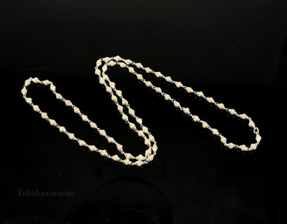 Sterling silver handmade wooden beads Holy basil rosary necklace with silver chain, unisex jewelry, tribal design, customizable Tulsi mala.