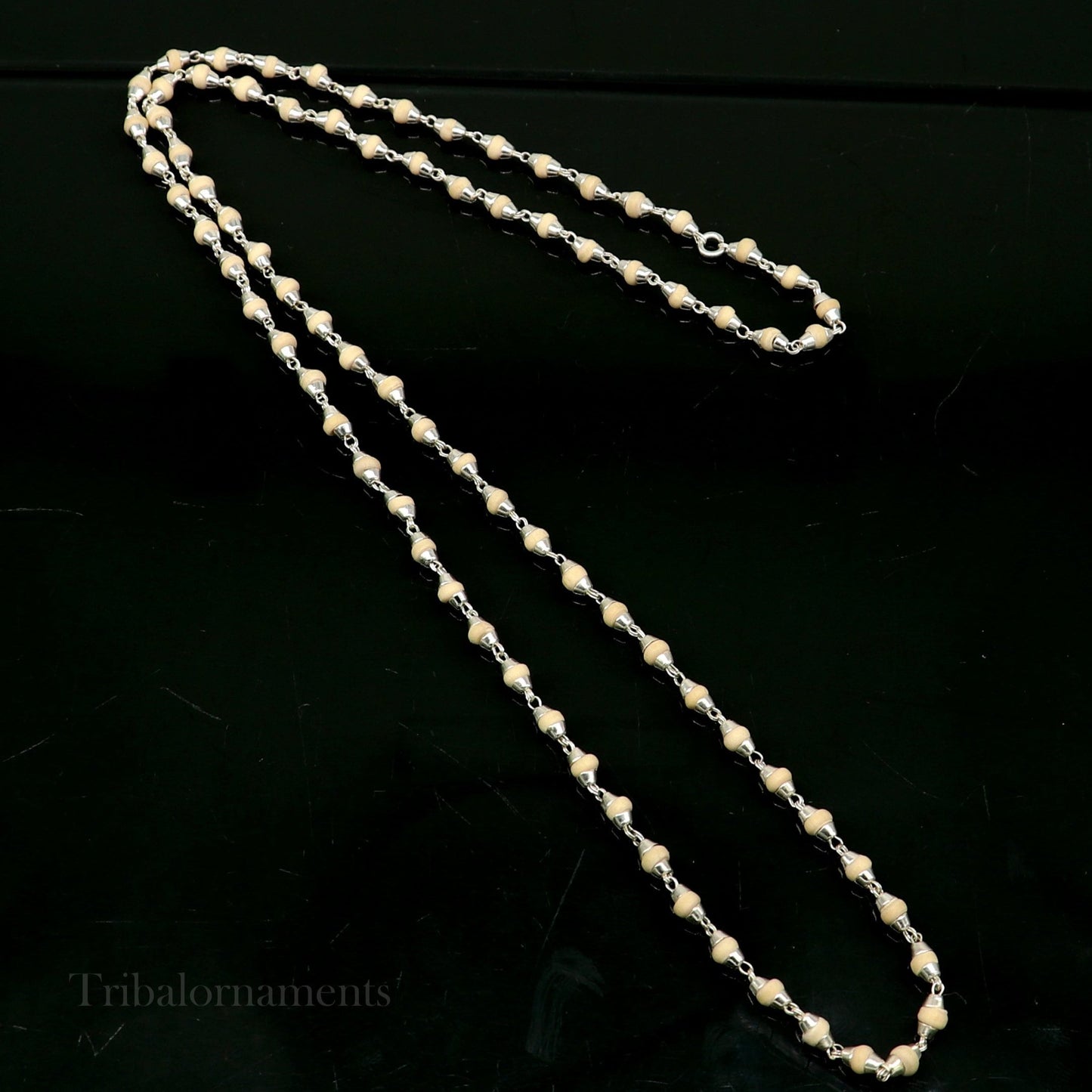 24" Sterling silver handmade wooden beads Holy basil rosary beads silver chain necklace unisex jewelry, tulsi mala customized necklace ch114 - TRIBAL ORNAMENTS