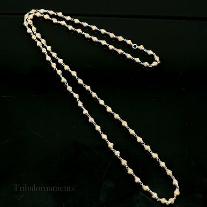24-inch sterling silver handmade rosary beads with wooden and holy basil beads on a silver chain, unisex jewelry by Tribal Ornaments.