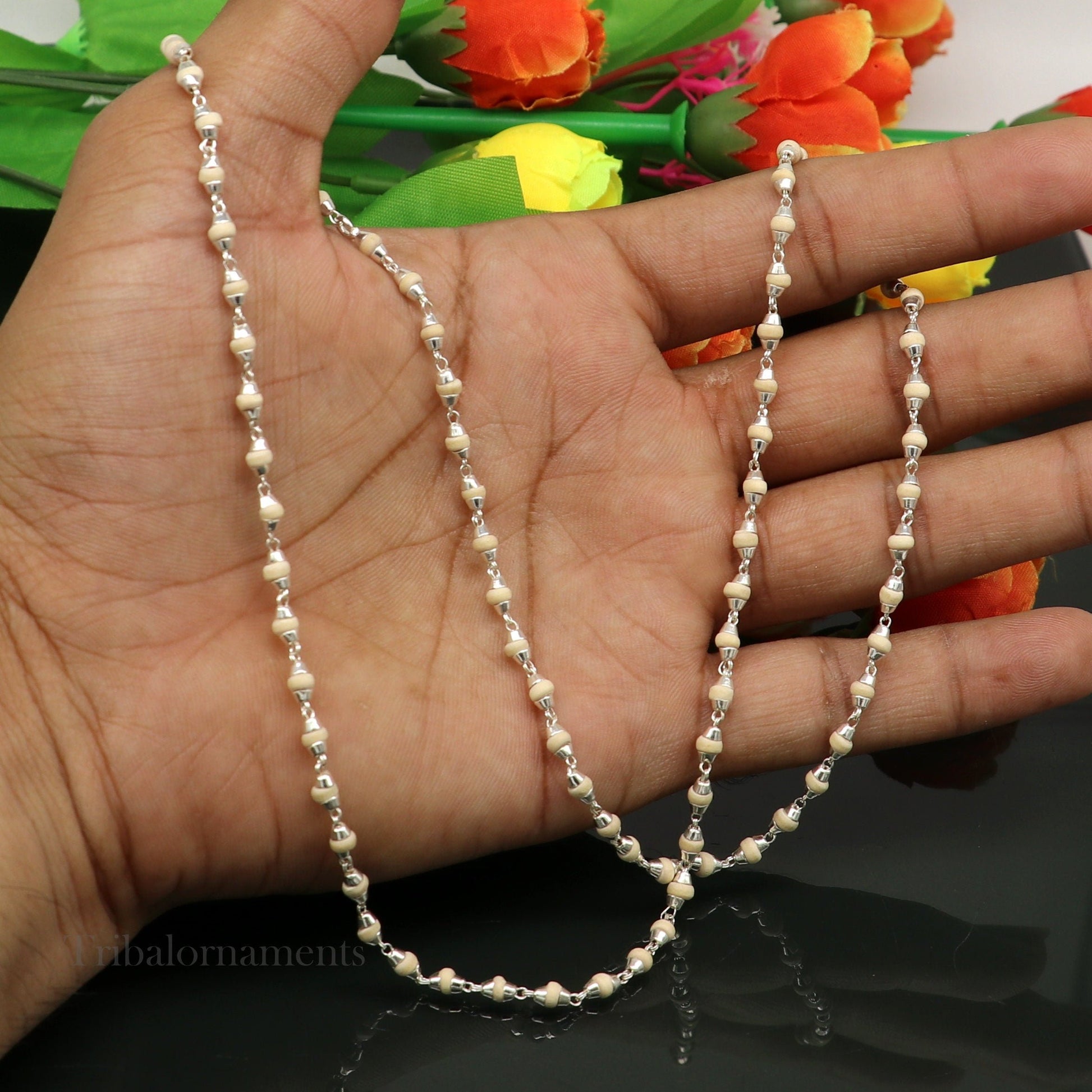 24" Sterling silver handmade wooden beads Holy basil rosary beads silver chain necklace unisex jewelry, tulsi mala customized necklace ch114 - TRIBAL ORNAMENTS