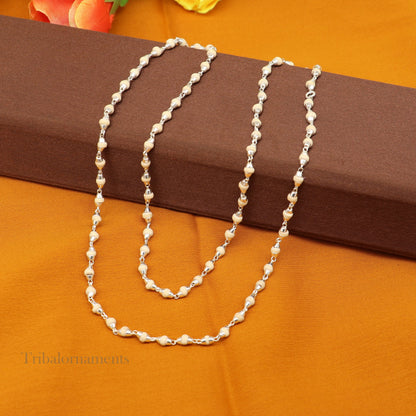 Sterling silver handmade rosary beads with wooden tulsi mala beads on a silver chain necklace, unisex jewelry by TRIBAL ORNAMENTS.