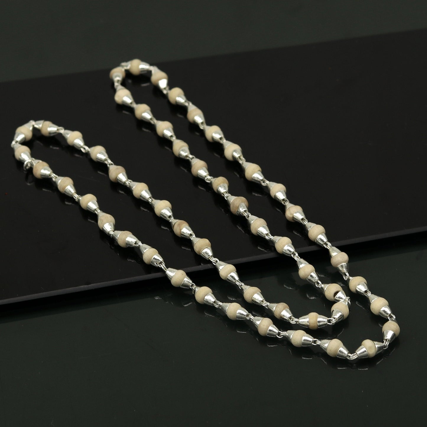 24" Sterling silver handmade wooden beads basil rosary 54  beads silver chain necklace unisex jewelry , tulsi mala customized necklace ch80 - TRIBAL ORNAMENTS