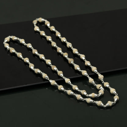 Sterling silver basil rosary necklace with 54 wooden beads, unisex jewelry with silver chain, handcrafted tulsi mala by Tribal Ornaments.