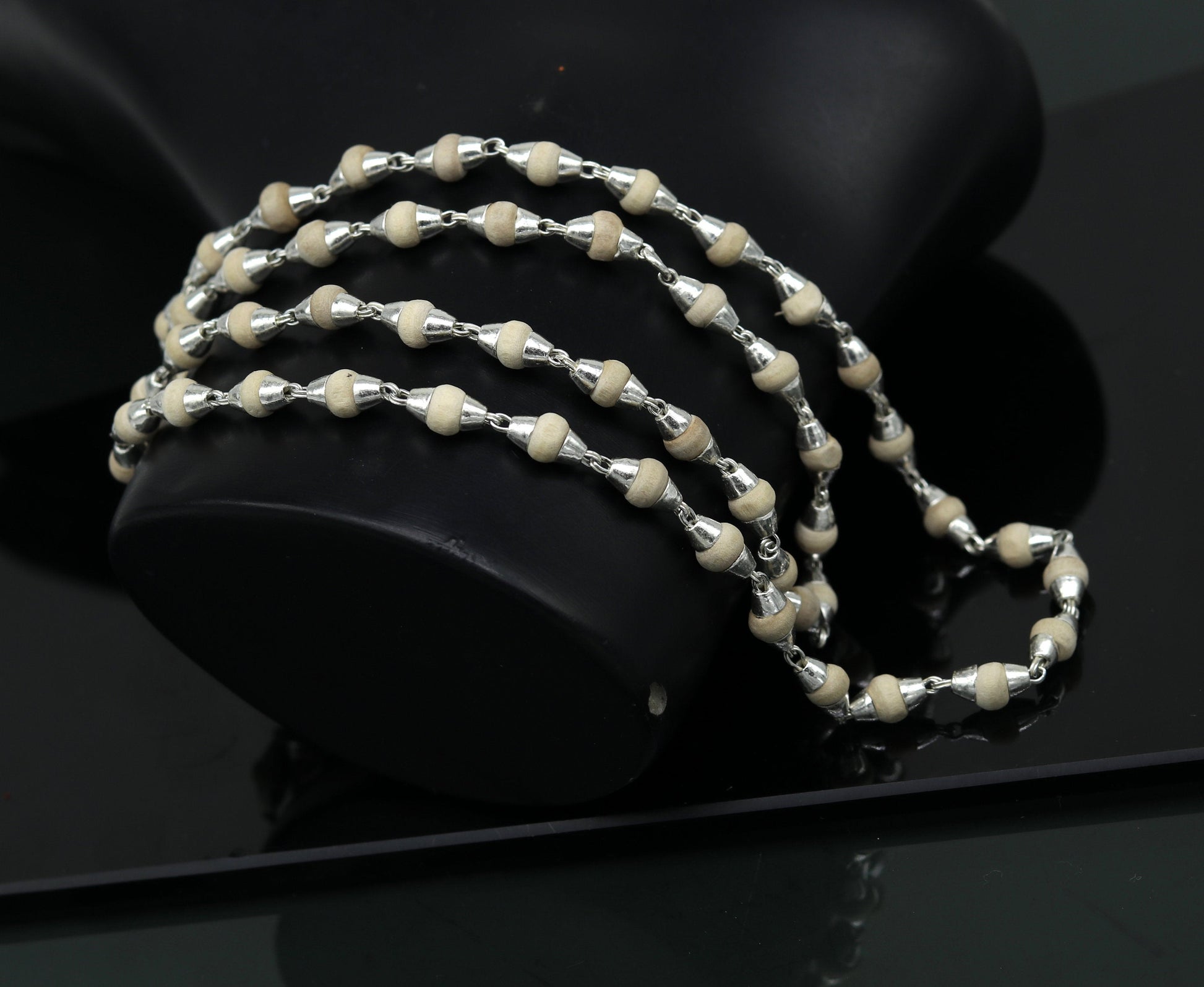 24" Sterling silver handmade wooden beads basil rosary 54  beads silver chain necklace unisex jewelry , tulsi mala customized necklace ch80 - TRIBAL ORNAMENTS