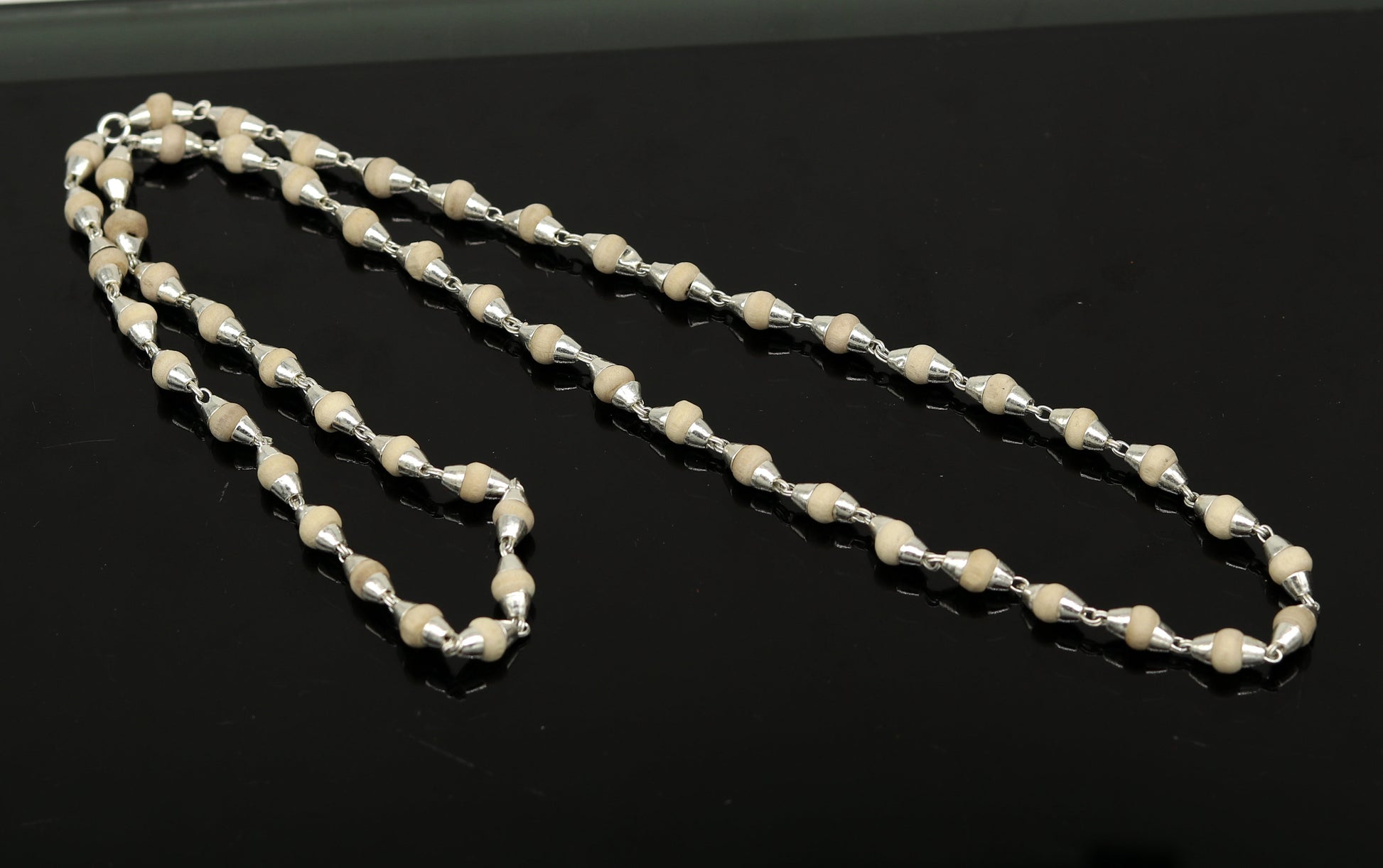 24" Sterling silver handmade wooden beads basil rosary 54  beads silver chain necklace unisex jewelry , tulsi mala customized necklace ch80 - TRIBAL ORNAMENTS