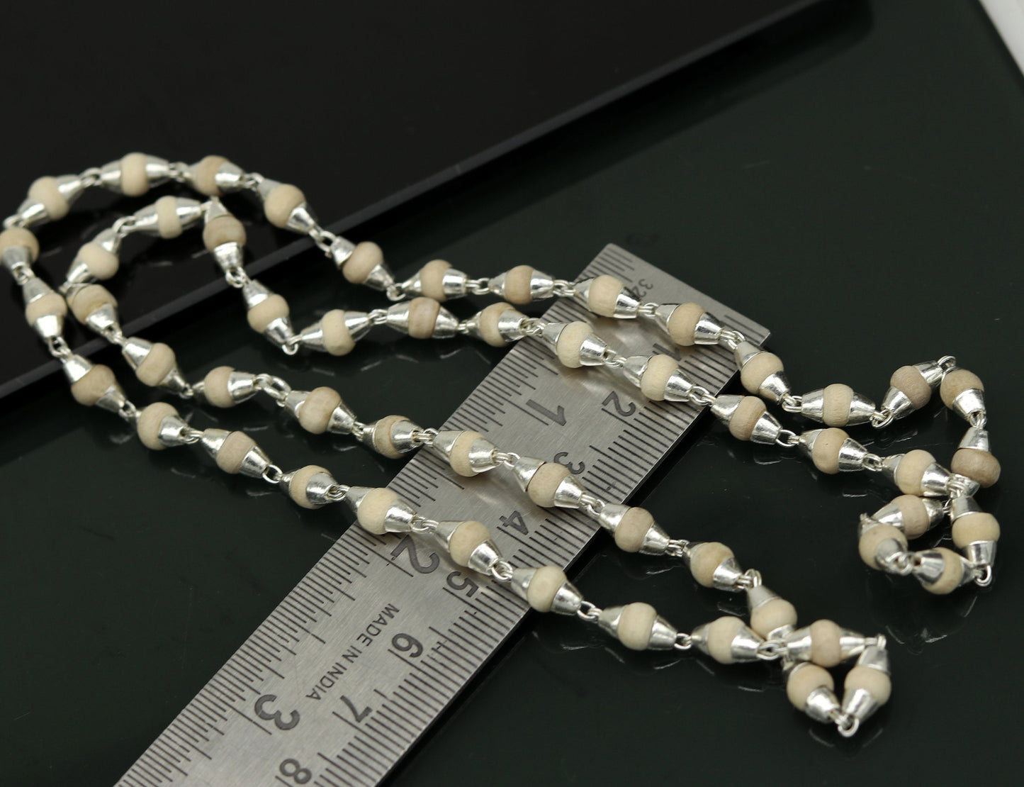 24" Sterling silver handmade wooden beads basil rosary 54  beads silver chain necklace unisex jewelry , tulsi mala customized necklace ch80 - TRIBAL ORNAMENTS