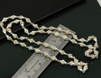 Sterling silver basil rosary necklace with 54 wooden beads, unisex jewelry, handmade, featuring a silver chain and customizable design.