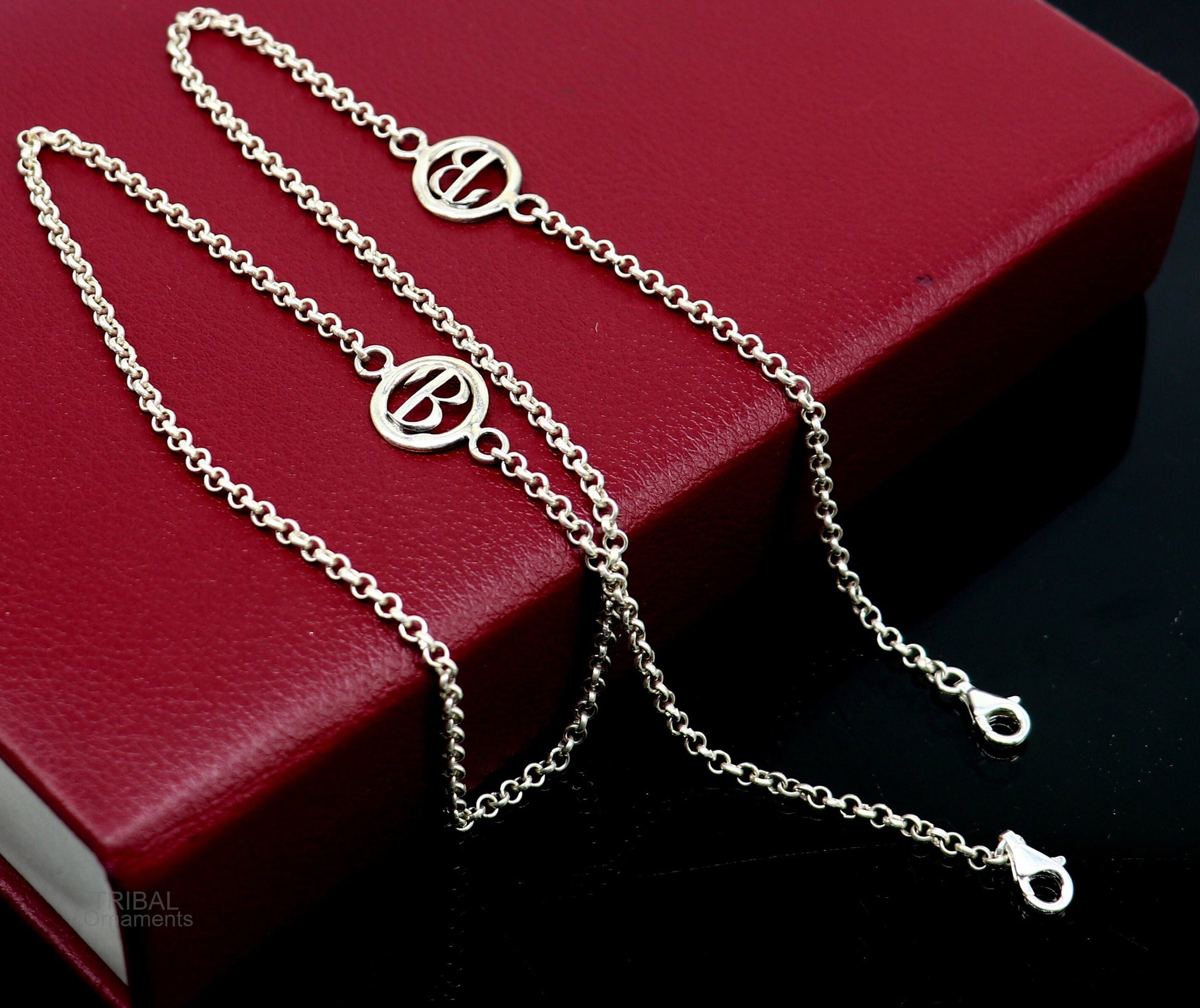 Sterling silver face mask and eyeglass chain with B alphabet design, 25 inches long, stylish women’s accessory by TRIBAL ORNAMENTS.