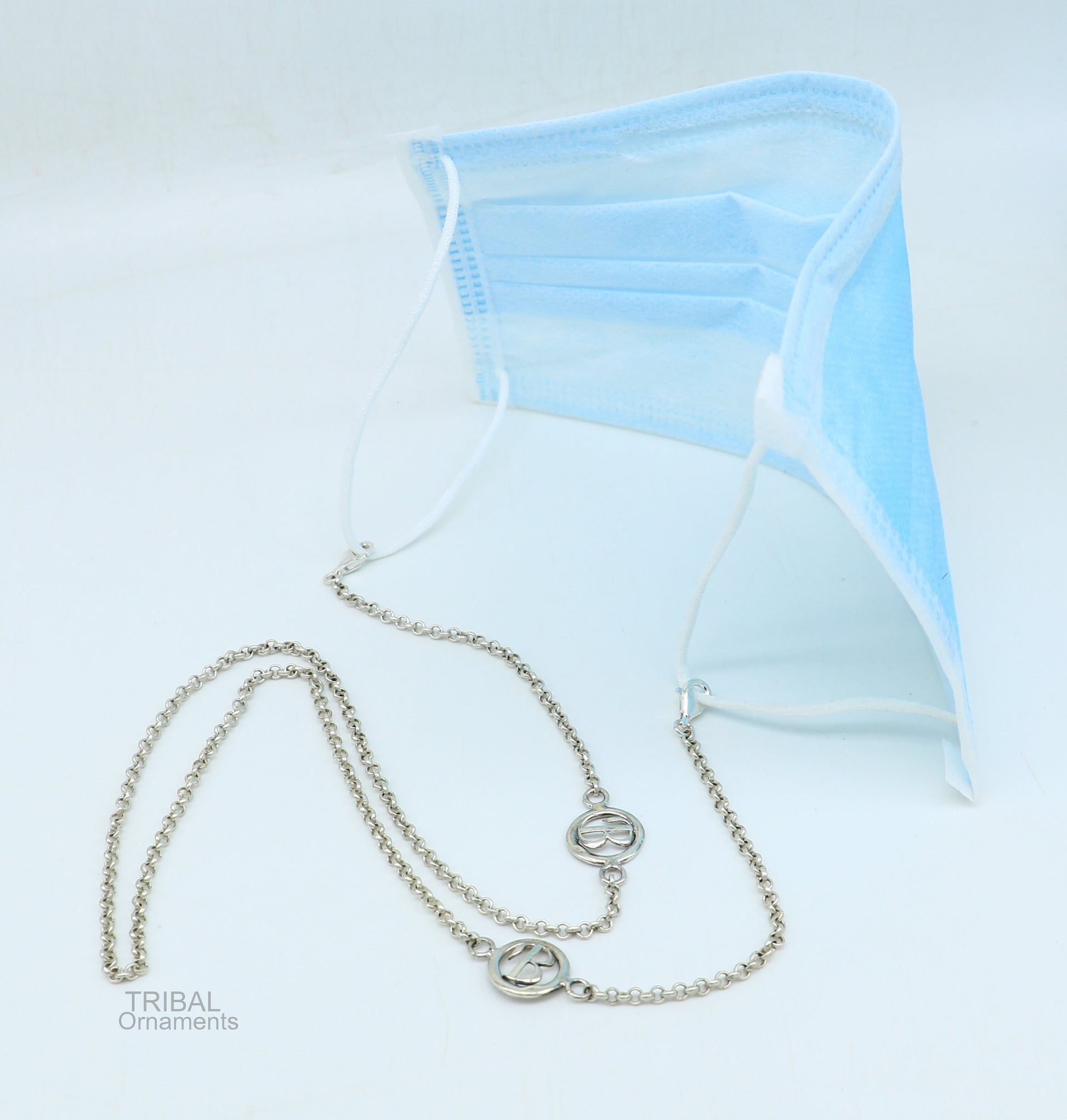 Sterling silver face mask and eyeglasses chain with B alphabet detail, 25 inches long, stylish women's accessory by TRIBAL ORNAMENTS.