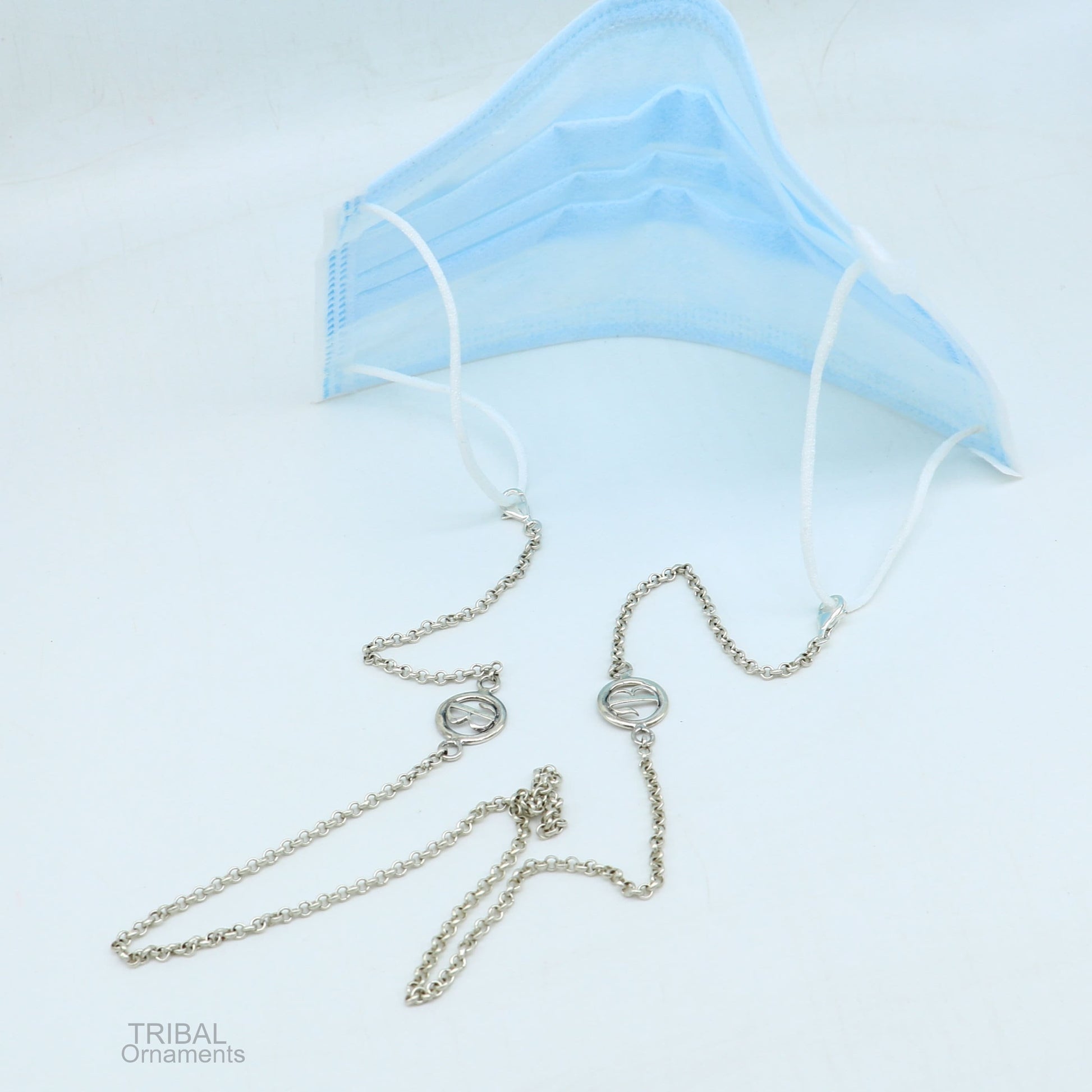 Sterling silver 25-inch face mask and eyeglass chain with B alphabet design, stylish women’s sunglass and mask cord by TRIBAL ORNAMENTS.