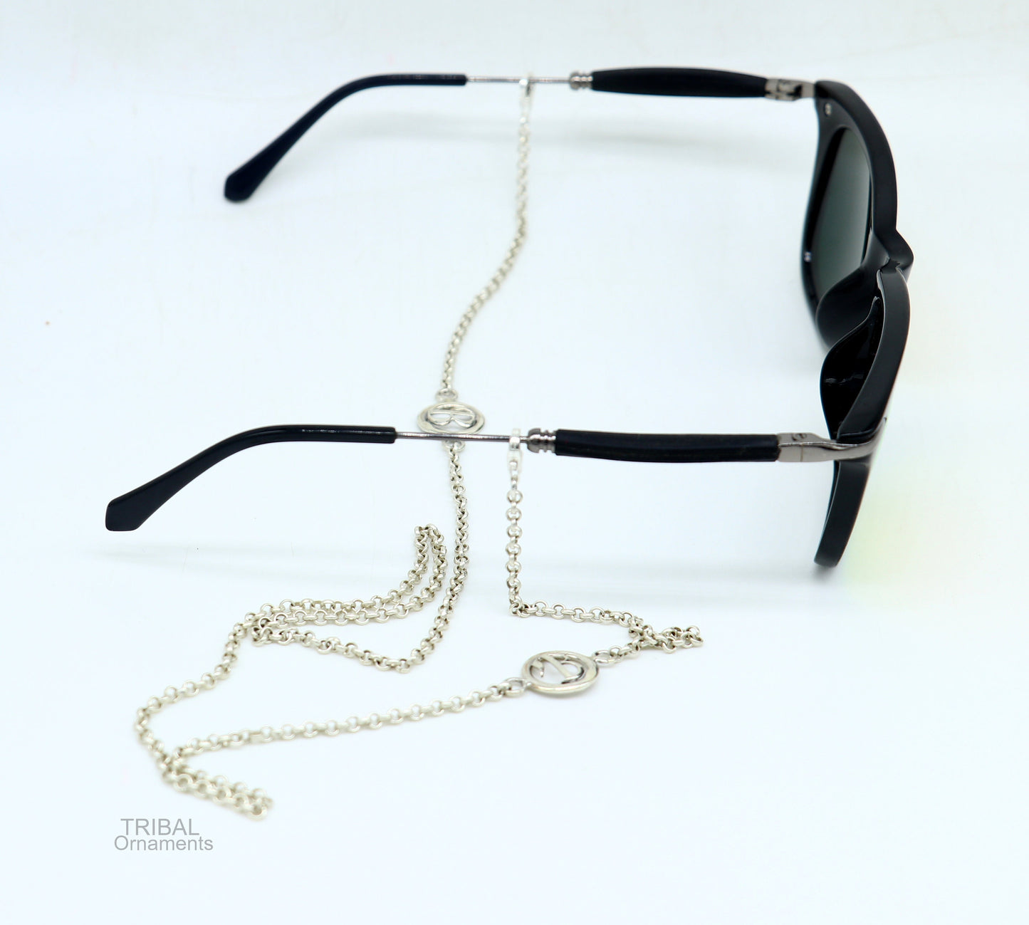 Sterling silver face mask chain with B alphabet design, stylish eyeglass and sunglass cord for women, 25 inches long.