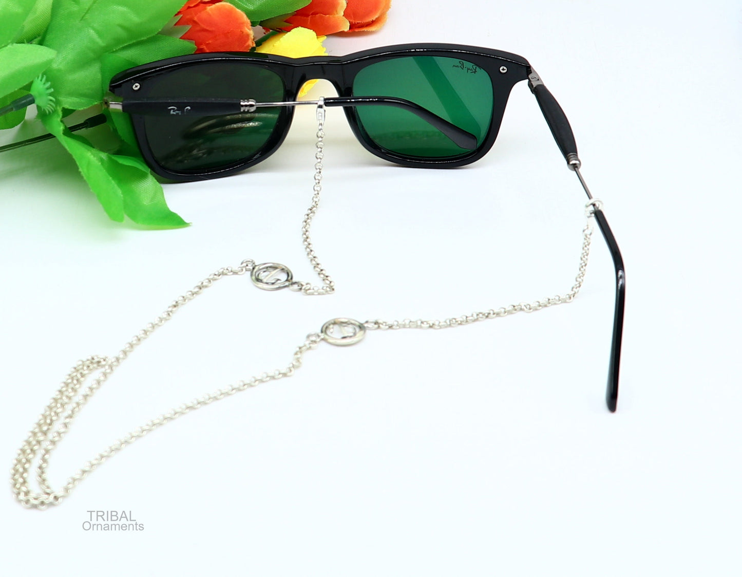Sterling silver face mask chain with B alphabet design, stylish eyeglass and sunglass holder, 25-inch long women’s accessory