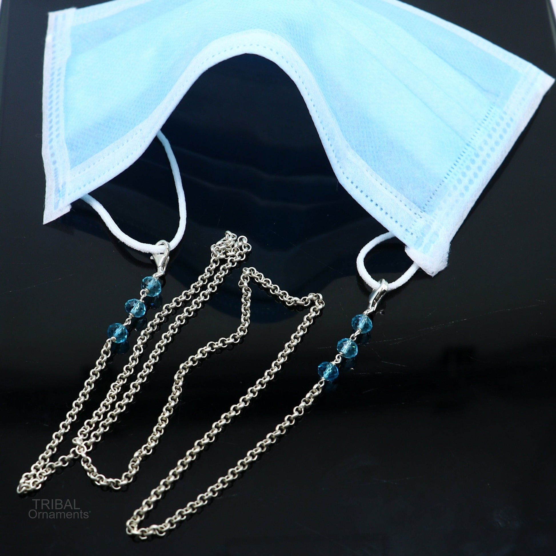Sterling silver 26-inch face mask and eyeglass chain with rolo links, stylish women’s sunglass and mask cord by TRIBAL ORNAMENTS.
