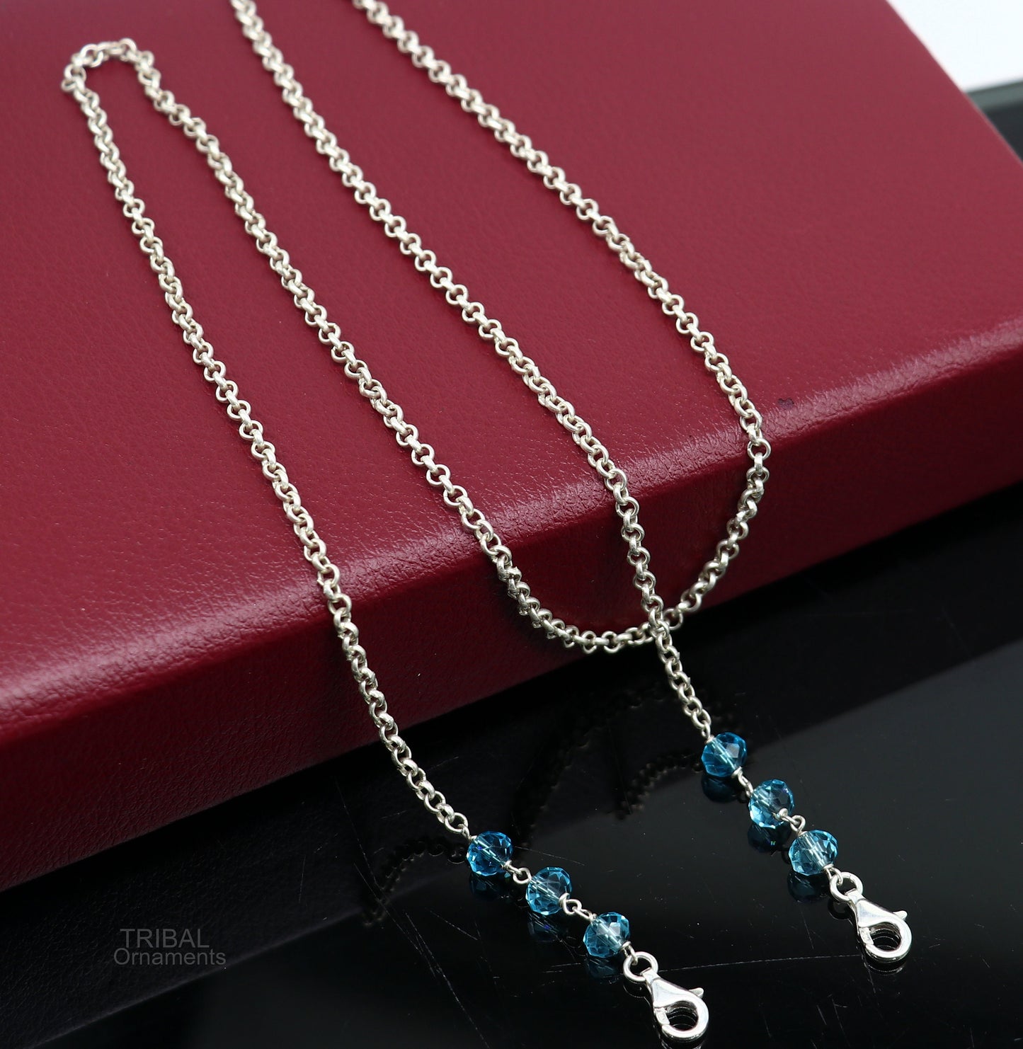 Sterling silver 26-inch face mask and eyeglass chain with rolo link design, stylish accessory for women.