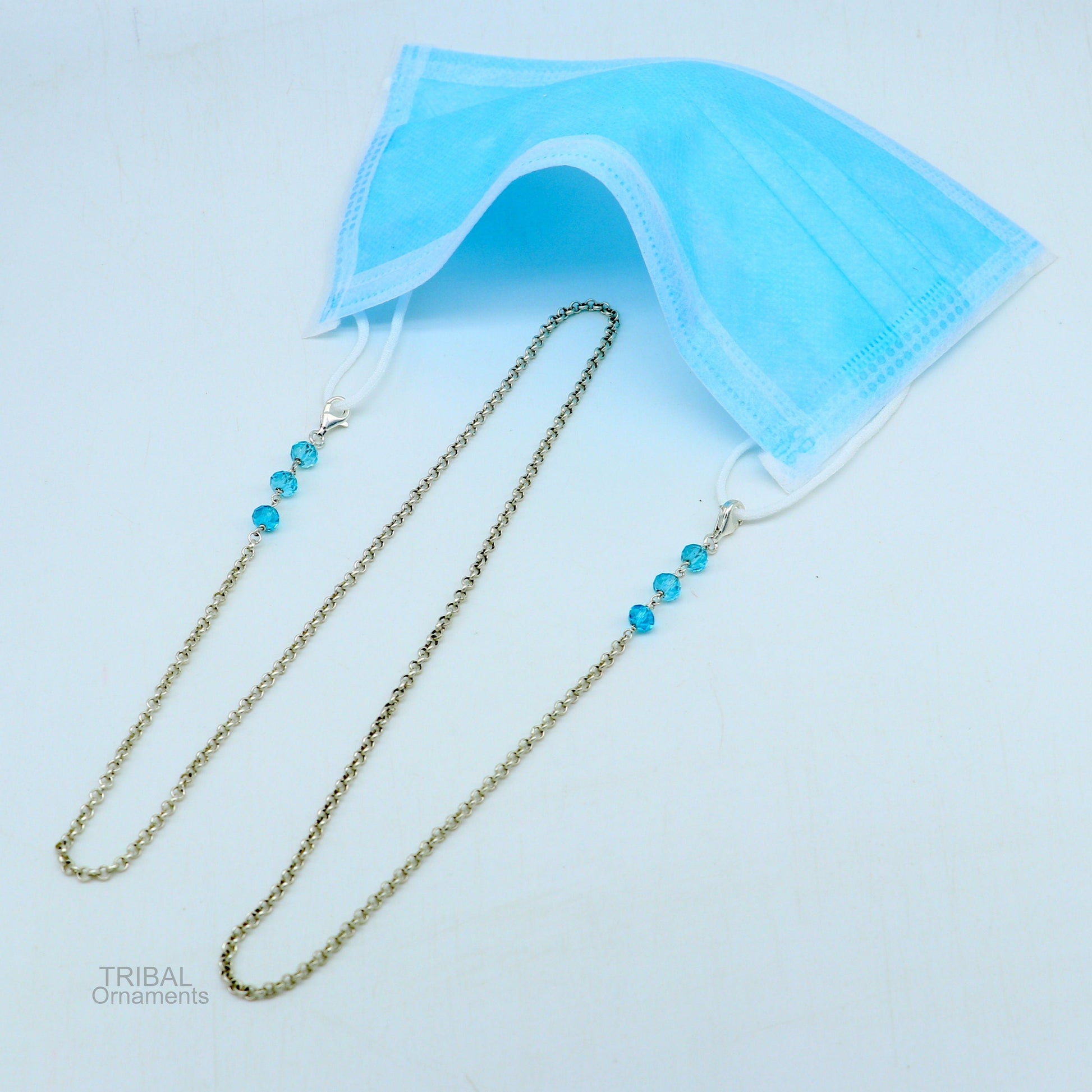 Sterling silver 26-inch face mask and eyeglass chain with rolo links, stylish accessory for women by Tribal Ornaments.
