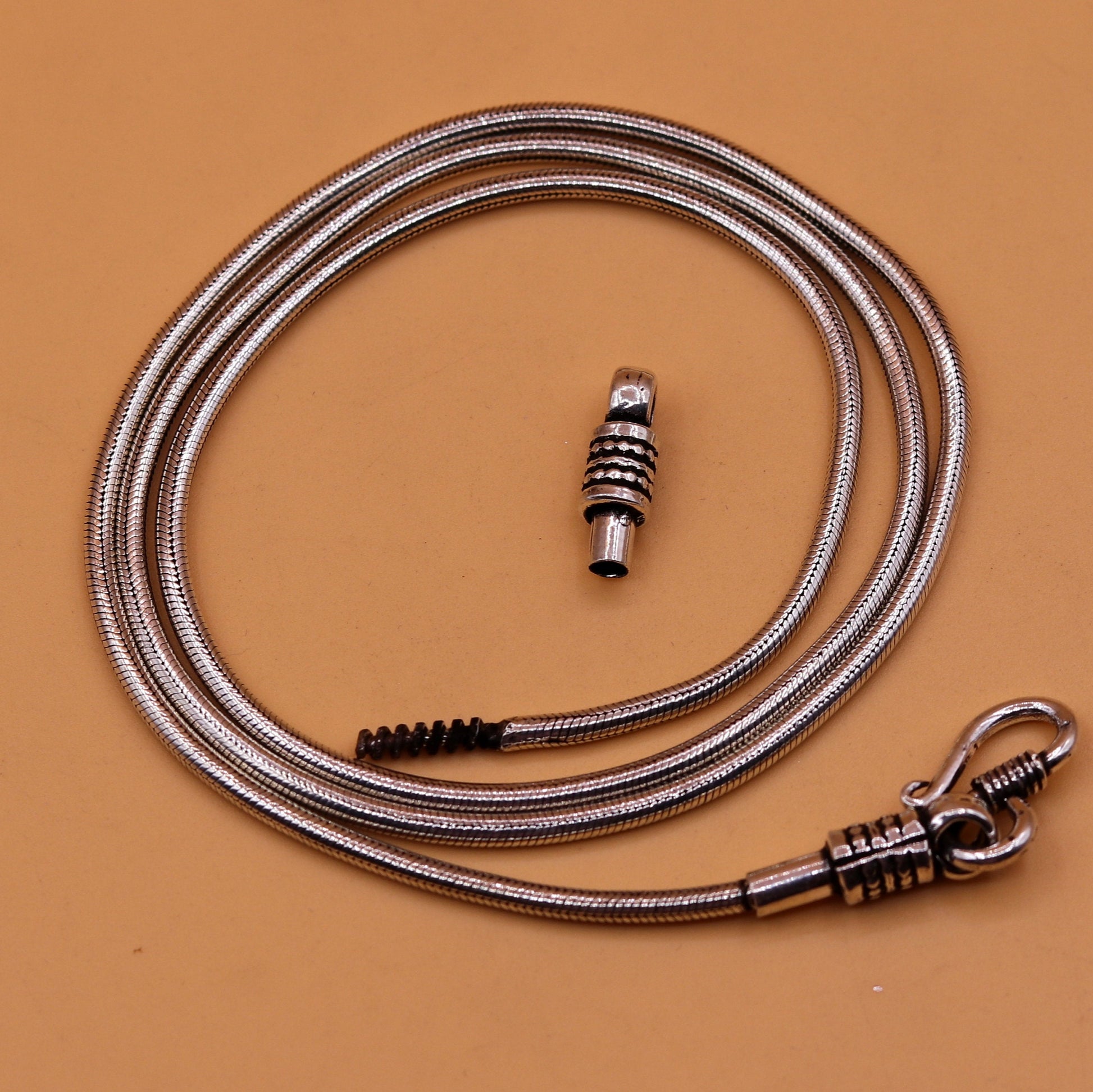 28-inch sterling silver snake chain necklace by TRIBAL ORNAMENTS, vintage oxidized solid silver screw chain for pendants.